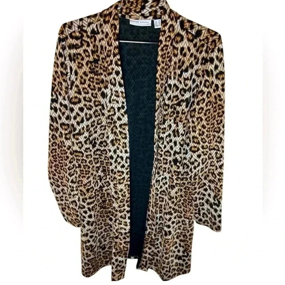Susan Graver Leopard Print Duster Cardigan Medium Open Front Pockets - Picture 6 of 7